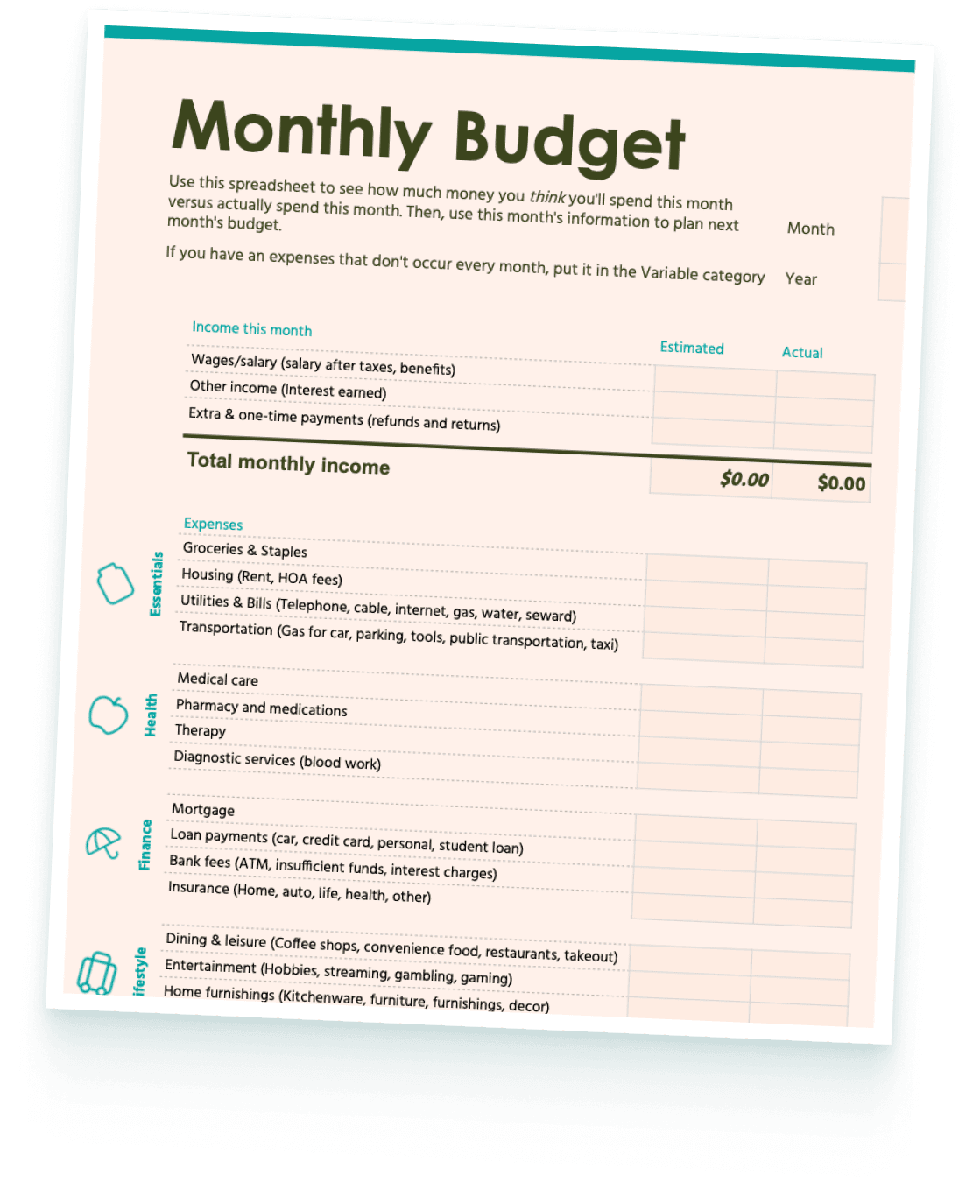 Monthly budget spreadsheet with estimated and actual columns for income and expense categories