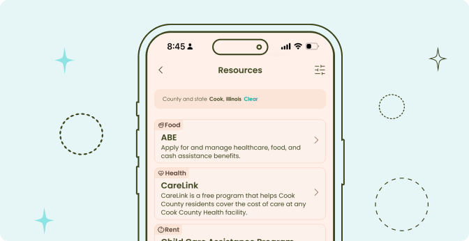 The Resources screen in the Enrich app listing food, health, and rent programs for Cook County, Illinois